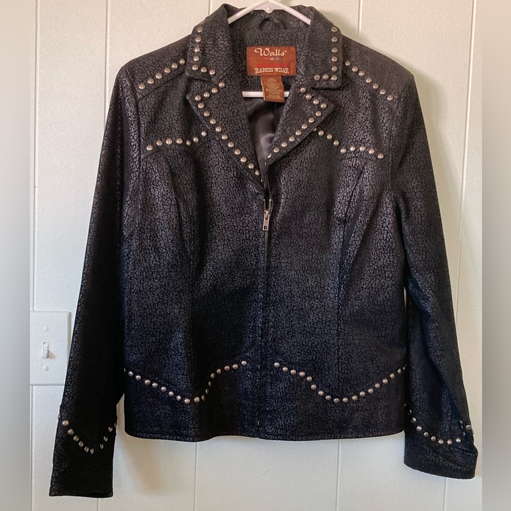 Walls Ranch Vintage womens SZ L Black leather Western style jacket stud accents - Picture 2 of 15